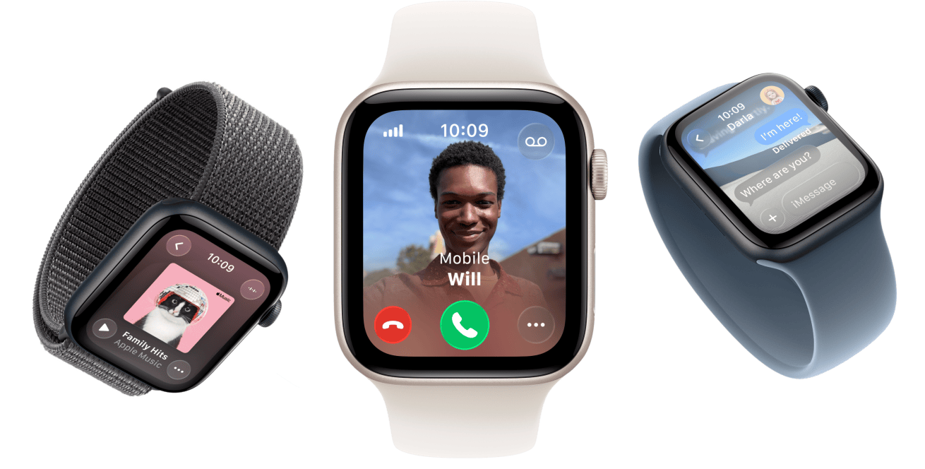 Apple Watch SE 3 devices, aluminium cases, starlight and midnight colours, Braided Solo Loop, turmeric colour, Solo Loop, neon yellow colour, Sport Loop, dark grey colour, screens: Apple Pay, Control Centre, Apple Music
