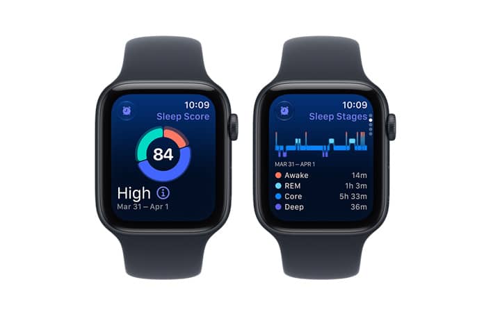 Apple Watch SE 3，午夜暗色 (黑色) 鋁金屬錶殼，配搭海軍藍色運動錶帶，螢幕展示睡眠追蹤功能