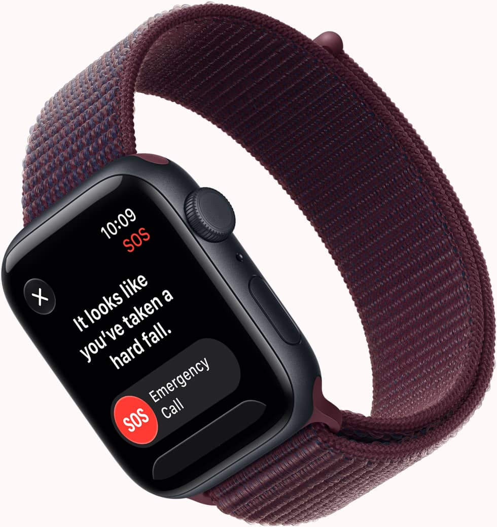 Apple Watch SE 3, screen shows SOS Fall Detection notification, emergency call button, aluminum case, midnight colour, connected to Sport Loop band, burgundy colour