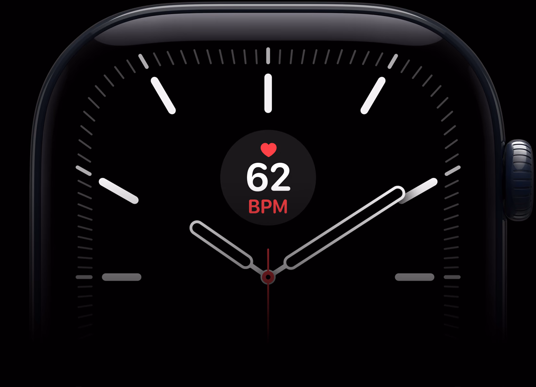 Apple Watch Series 12 fekete alumíniumtokkal, Meridián számlap pulzusszám komplikációval, Digital Crown forgatógomb a tok jobb oldalán
