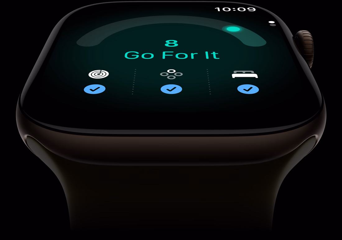 Apple Watch Series 12 sötét bronzszínű alumíniumtok, 8-as felkészültségi pontszám, Digital Crown forgatógomb a tok jobb oldalán, olívaszínű sportszíj