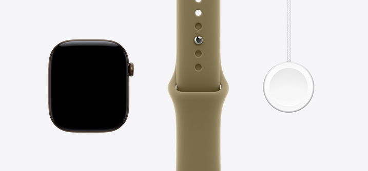 Apple Watch Series 12, alumiiniumkorpus, tume pronks, esikülg, servast servani ekraan, oliivitooni Sport Band, Apple Watchi USB‑C magnetkiirlaadimiskaabel