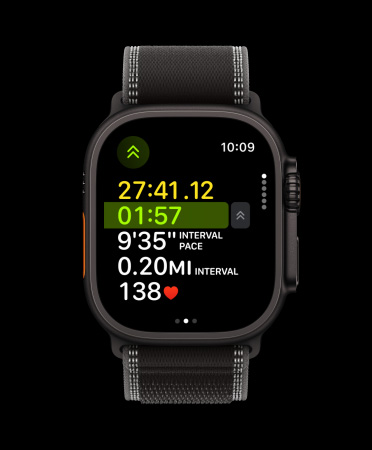 Apple Watch Ultra 3, black color, titanium case, Action button triggers next interval in Workout