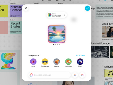 Interfaz de usuario de Image Playground que muestra una piscina con palmeras durante un colorido atardecer y sugerencias para agregar más elementos a la imagen.