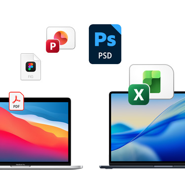Vue de face de deux MacBook côte à côte, chacun affichant un fond d’écran coloré différent. Au-dessus d’eux, des icônes de fichiers Acrobat, Figma, PowerPoint, Photoshop et Excel sont disposées en arc de cercle.
