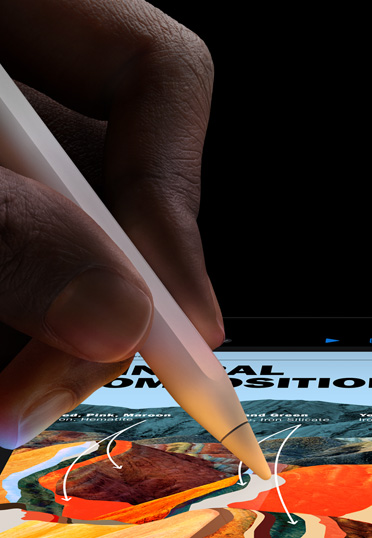 A close up shot of an Apple Pencil Pro in hand. Displayed on the iPad screen is a presentation.