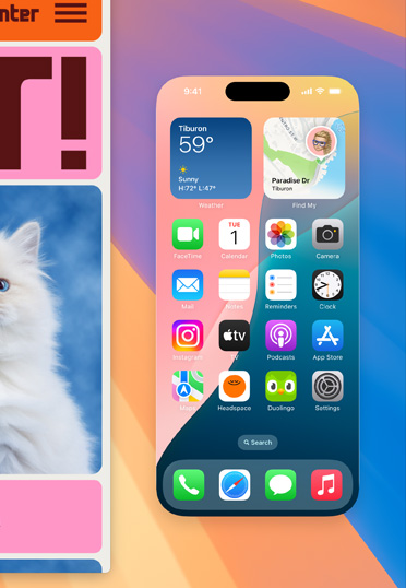 A MacBook desktop shows a full-size iPhone screen with various widgets. A browser window on the left displays a colorful background.