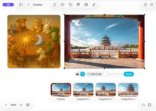 หน้าจอแสดงแอป Freeform ที่แสดงคุณสมบัติสองอย่างของ Apple Creator Studio: การสร้างภาพและ Auto Crop