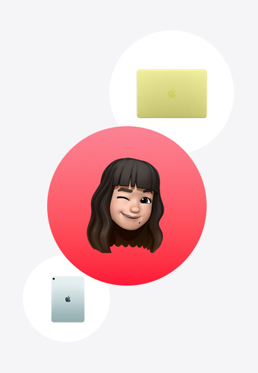 MacBook, iPad, runt en Memoji i en röd cirkel.