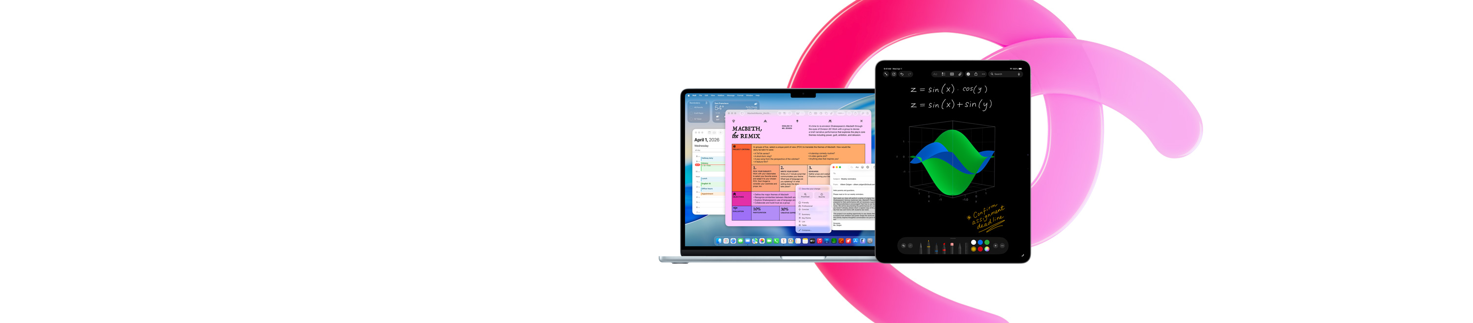 MacBook Air shows Pages, Calendar Alert, and Mail alongside an iPad that shows handwritten equations in Maths Notes, demonstrating productivity with built-in apps