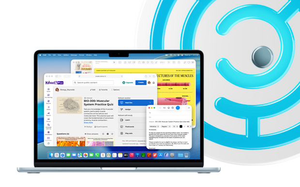 MacBook, Sky Blue, open laptop displaying educational content in Keynote, Mail and Safari showing Kahoot!, including ‘BIO-200 Muscular System Practice Quiz’