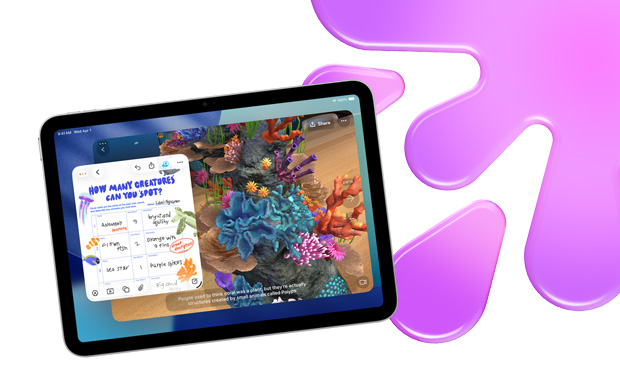 iPad, menampilkan perburuan harta karun akuarium grafis dalam Freeform dan JigSpace, menyoroti kemampuan kreatif