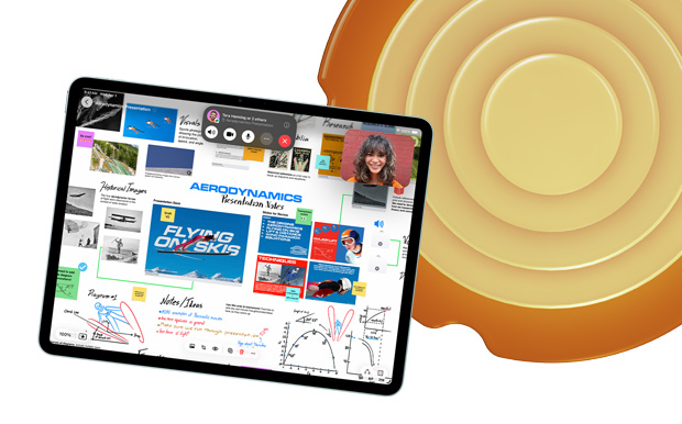 iPad, tampak depan, menampilkan berbagai topik dan sketsa dalam Freeform, termasuk 
