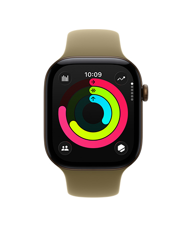 Apple Watch Series 12, sötét bronz alumíniumtok, a Tevékenységgyűrűk képernyője, Mozgás, Gyakorlat és Állás mérőszámai, olíva (földzöld) sportszíj