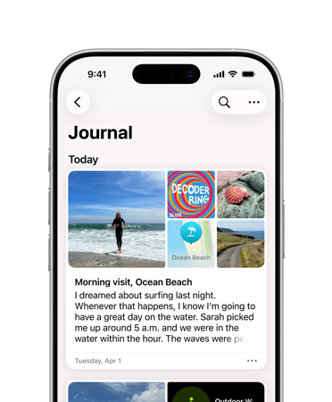 A Napló app egy napi bejegyzéssel, képek egy tengerparti napról és egy álommal kapcsolatos szöveg iPhone-on