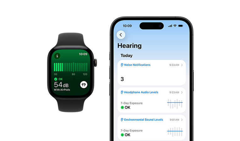 Apple Watch Series 12，黑色鋁金屬錶殼，配搭黑色運動錶帶，螢幕顯示噪音 app；已配對的 iPhone 上開啟了詳細的每日聽力摘要