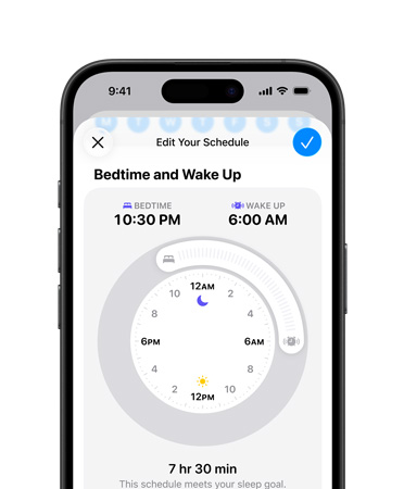 iPhone，開啟了健康 app 的作息時間頁面，睡眠時間設為 22:30，醒來時間設為 6:00，螢幕中央為圓形的時間錶面圖案，且表示已達 7 小時 30 分鐘的睡眠目標