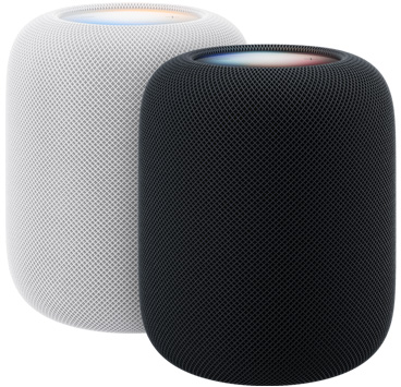 HomePod, two units: white color and midnight color, each with illuminated top display