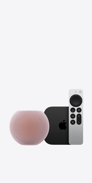HomePod mini 2 i rosa med Apple TV 4K och Siri Remote