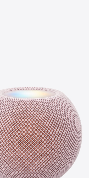 HomePod mini 2 i färgen rosa, närbild med upplyst skärm på ovansidan
