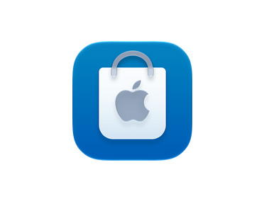 파란색 Apple Store 앱 아이콘에 Apple 로고가 있는 흰색 쇼핑백이 표시된 모습