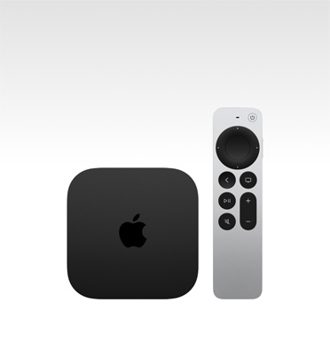 Apple TV 4K, svart, sedd ovanifrån, visas med Siri Remote, silverfärgad