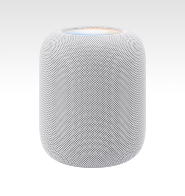 HomePod (andraa generationen) i vitt, med upplyst skärm på ovansidan