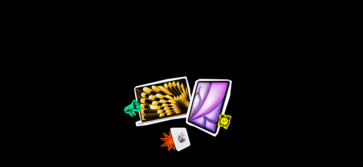 MacBook, écran affichant un motif de plumes noires et or, autocollant d’emoji mégaphone vert, iPad mauve, Apple Gift Card, rectangulaire, avec logo Apple multicolore au centre, autocollant d’emoji réveil jaune