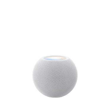 HomePod mini 2, color blanco, parte frontal, diseño esférico compacto, tela de malla acústica sin costuras. Parte superior, superficie táctil plana y retroiluminada, iluminación multicolor