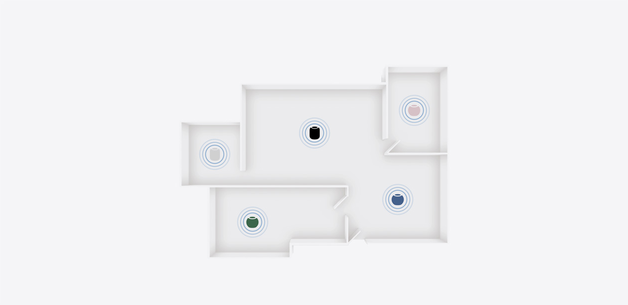 Parlantes HomePod y HomePod mini 2 en distintos colores ubicados en diferentes ambientes en el plano de una casa