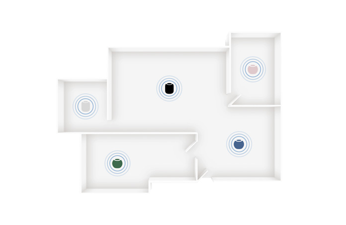 Parlantes HomePod y HomePod mini 2 en distintos colores ubicados en diferentes ambientes en el plano de una casa