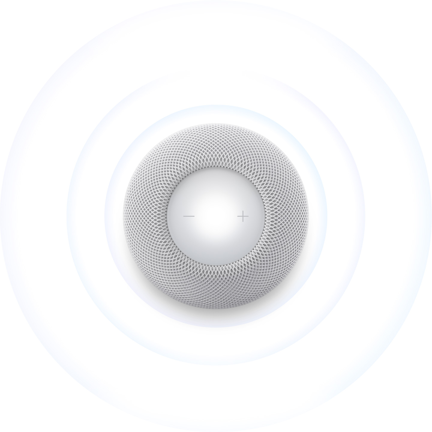 HomePod mini 2, color blanco, vista desde arriba, con ondas de sonido concéntricas azul claro que se propagan hacia fuera desde el parlante