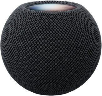 HomePod mini 2, color medianoche, parte frontal, diseño esférico compacto, tela de malla acústica sin costuras. Parte superior, superficie táctil retroiluminada y plana, iluminación multicolor