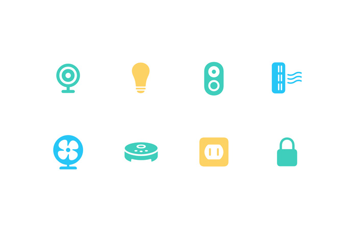 Smart home accessory icons: Includes icons such as lock, camera, fan, socket, light bulb, door bell