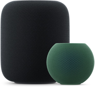 HomePod couleur minuit à côté d’un HomePod mini 2 vert, comparaison de taille montrant le HomePod cylindrique plus grand à côté du HomePod mini 2 sphérique compact