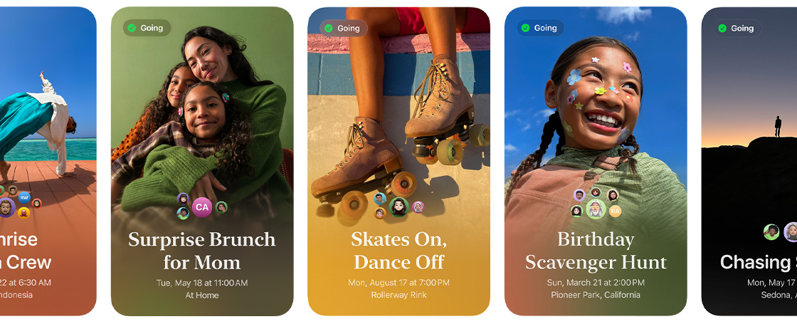 Row of Apple Invites featuring colourful custom photography for events called Surprise Brunch for Mom; Skates On, Dance Off; and Birthday Scavenger Hunt