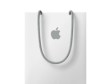 Biała torba Apple Store z długimi szarymi uchwytami i logo Apple na środku przedniej części