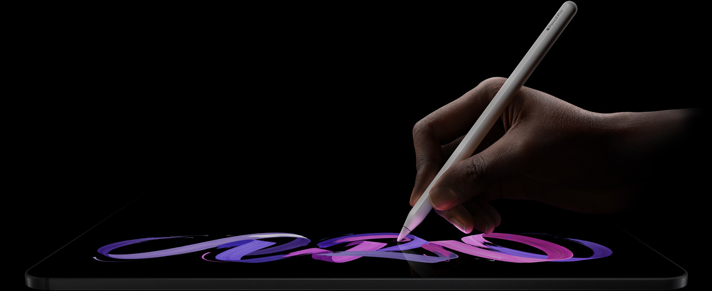 iPad Pro, front exterior, landscape orientation, side profile, space black color, hand holding Apple Pencil Pro, white colour, drawing abstract purple and pink design on display