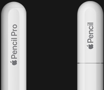 Apple Pencil Pro, side exterior, white colour, rounded end cap engraved with Apple Pencil Pro, Apple Pencil (USB-C), side exterior, white colour, rounded end cap engraved with Apple Pencil