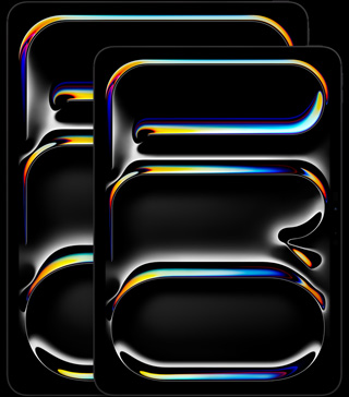13-inch iPad Pro, 11-inch iPad Pro, portrait orientation, front exterior, space black colour, rounded edges, black display bezel, displays showing multicoloured, curved abstract word “PRO” vertically oriented