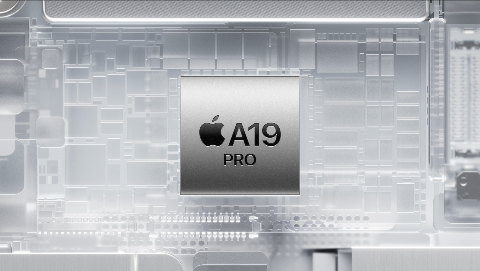 A19 Pro Chip umgeben von leuchtenden Komponenten im iPhone