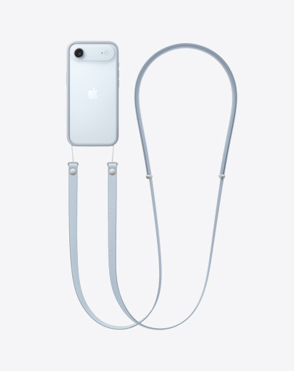 iPhone Air vist bagfra med lyseblå beskyttelsesramme, er fastgjort til crossbody-rem