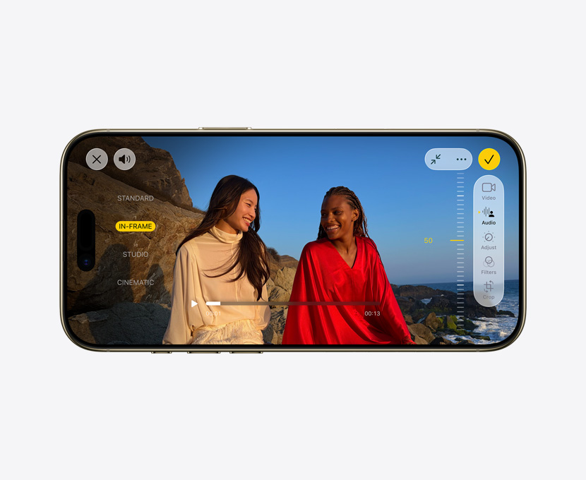 iPhone Air, vist forfra, video med funktionen Lydmiks