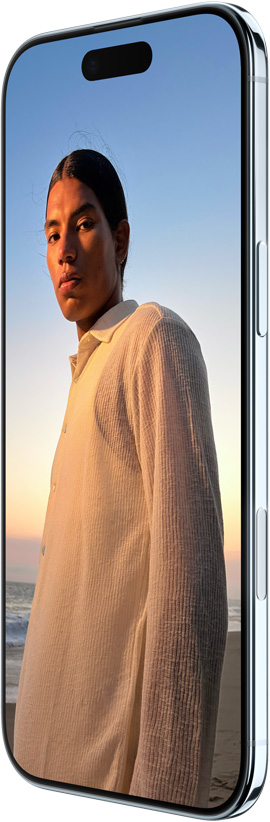 iPhone Air vist forfra og fra siden med et design med skærm fra kant til kant, Dynamic Island i toppen, sideknap og knappen Kamerabetjening