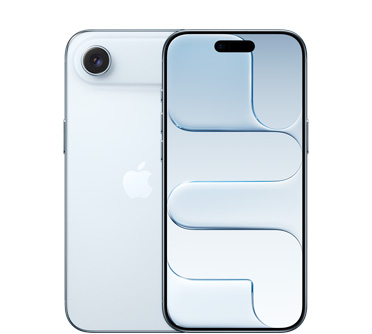 Himmelblå iPhone Air, vist bagfra med Fusion-dobbeltkamerasystem øverst til venstre, Apple-logo i midten. Vist forfra i himmelblå med Dynamic Island øverst i midten