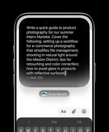 En iPhone Air-skjerm viser en detaljert forespørsel til Skriv med Siri om å lage et utkast.