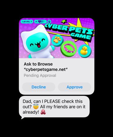 畫面顯示文字訊息和 cyberpetsgame.net 螢幕截圖，圖像下方分別設有「Decline」和「Approve」按鈕；一則訊息寫著「Dad, can I please check this out, all my friends are on it already」