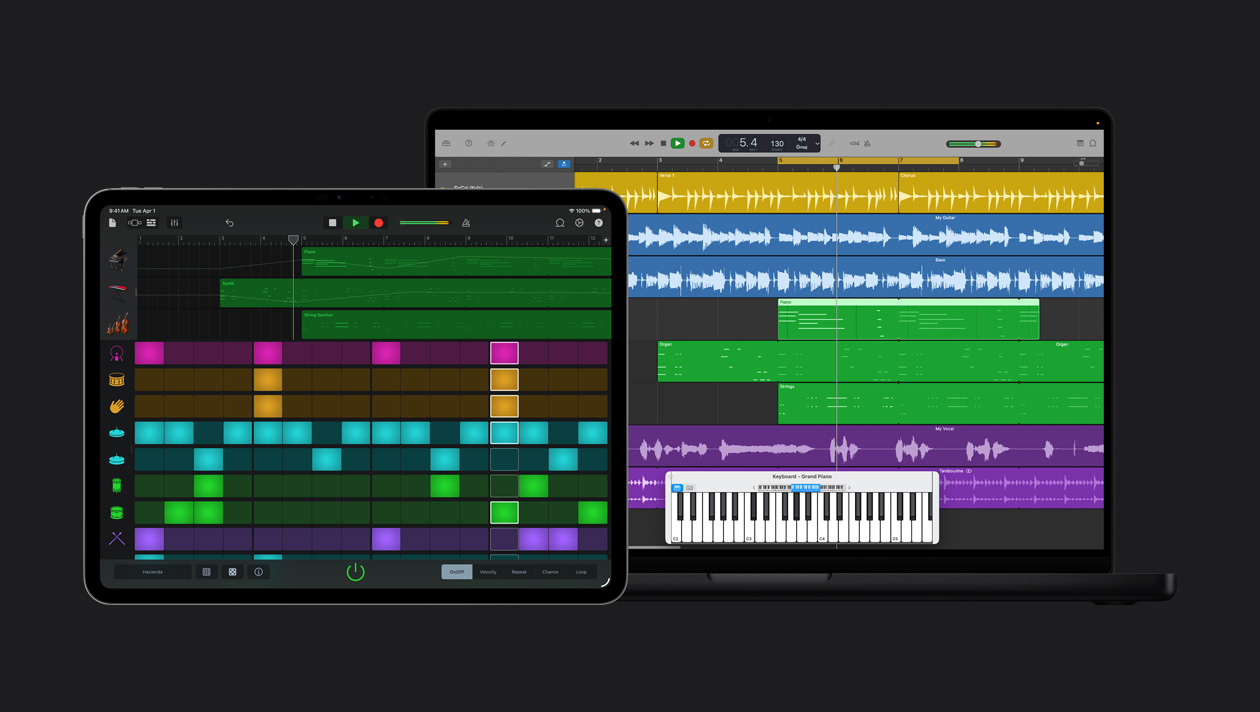 iPad Pro 13 screen showing workspace with instruments panel on the left and corresponding colours and audio waves next to them, MacBook Pro 16 screen showing rows for different instruments with different colour sound waves, grand piano keyboard at the bottom