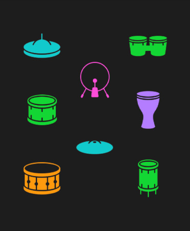 Drum kit symbols, various instruments in different colours