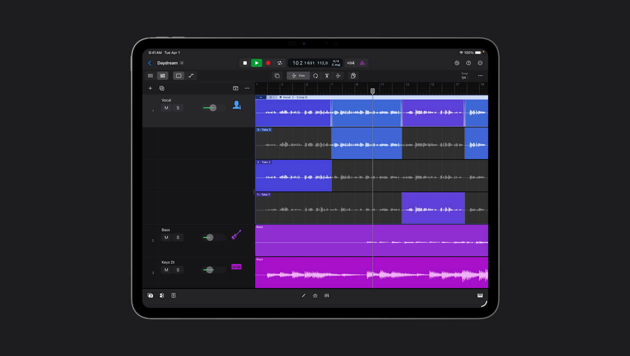 iPad Pro 13 screen showing workspace with rows of different sound waves, instruments list to the left, record button at the top of the screen